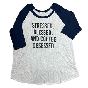 Crescent Navy and Gray Raglan Tee Stressed Blessed Coffee Women’s Size 2XL